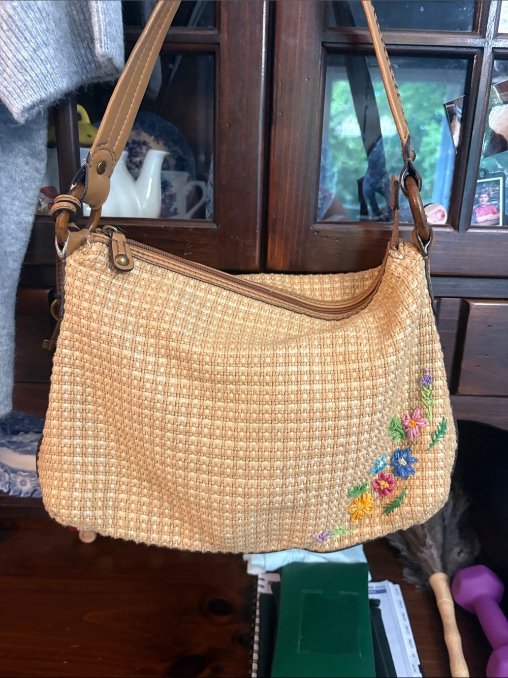 Hand-Embroidered Beige Woven Crossbody Bag - Floral Accent fossil